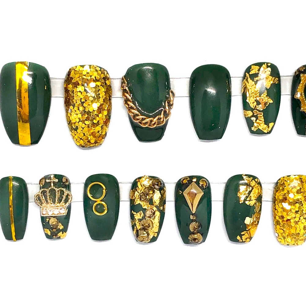 Handmade Press on Nails UV Gel Medium Short Coffin Green & Gold Shiny Fu… - Picture 5 of 8